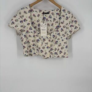 Zara Womens Cropped Top XL‎ Ivory Floral Button Up Cottagecore Coquette Kawaii